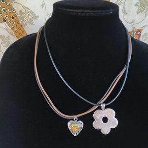 2 Necklace Set Southwestern Enamel Heart Metal Flower Pendant Rubber Cord Choker